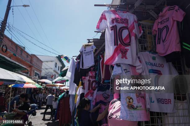 Jerseys of the Argentine player Lionel Messi of Miami FC are displayed at the historic center market ahead of tomorrow's friendly match between El...