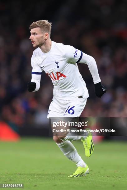 Timo Werner of Tottenham Hotspur in action during the Premier League match between Manchester United and Tottenham Hotspur at Old Trafford on January...