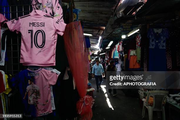 Jerseys of the Argentine player Lionel Messi of Miami FC are displayed at the historic center market ahead of tomorrow's friendly match between El...