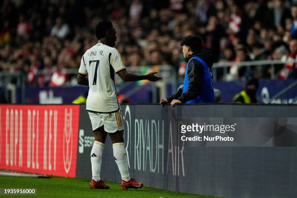Vinicius Junior left winger of Real Madrid and Brazil argues with ball boy during the Copa del Rey Round of 16 match between Atletico Madrid v Real...