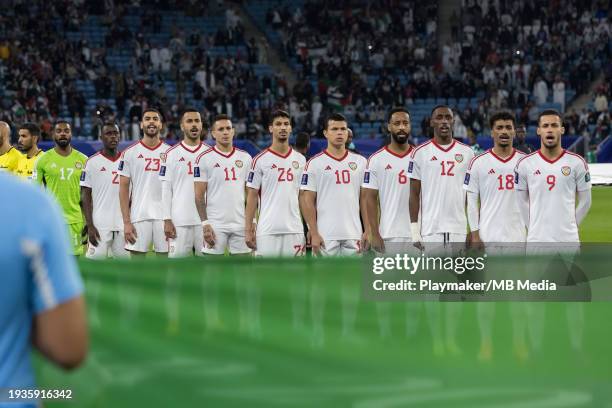 Players of United Arab Emirates singing the national anthem during the AFC Asian Cup Group C match between Palestine and United Arab Emirates at Al...