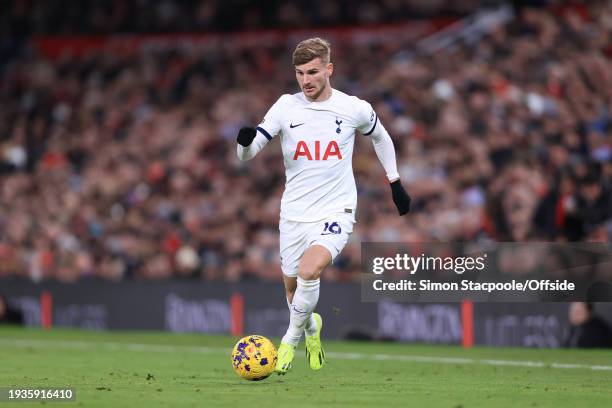 Timo Werner of Tottenham Hotspur in action during the Premier League match between Manchester United and Tottenham Hotspur at Old Trafford on January...