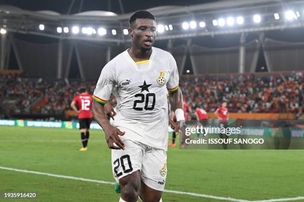 Ghana's midfielder Mohamed Kudus celebrates scoring his team's second goal during the Africa Cup of Nations 2024 group B football match between Egypt...