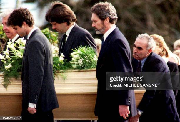 The coffin of actress and UNICEF Special Ambassador Audrey Hepburn is carried by her sons, Luca Dotti and Sean Ferrer , as well as her companion,...