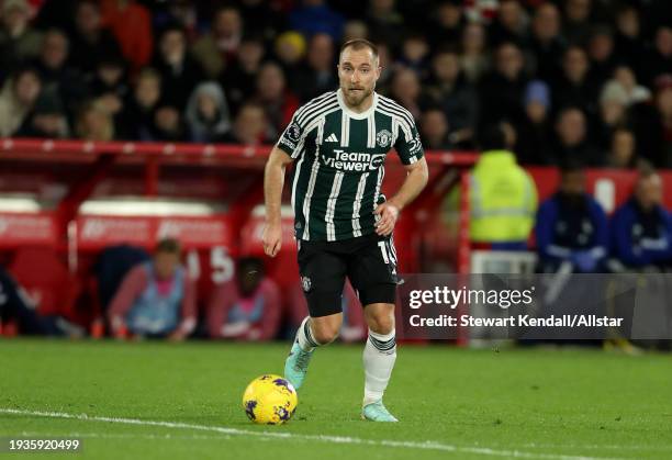 Christian Eriksen of Manchester United on the ball during the Premier League match between Nottingham Forest and Manchester United at City Ground on...