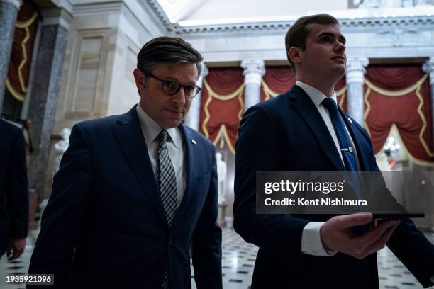 Speaker of the House Mike Johnson returns to his office at the U.S. Capitol on January 18, 2024 in Washington, DC. Congress has passed a stop gap...