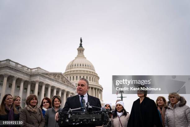 Rep. Chris Smith speaks during a news conference with anti-abortion advocates and Pro Life Caucus Members of Congress outside the U.S. Capitol on...