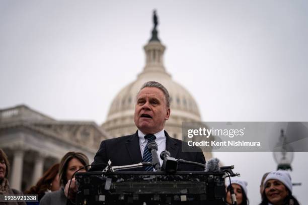 Rep. Chris Smith speaks during a news conference with anti-abortion advocates and Pro Life Caucus Members of Congress outside the U.S. Capitol on...