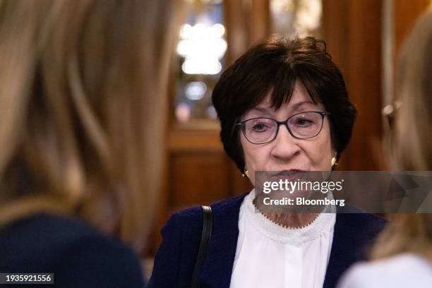 Senator Susan Collins, a Republican from Maine, speaks to members of the media outside the Senate floor during a vote at the US Capitol in...