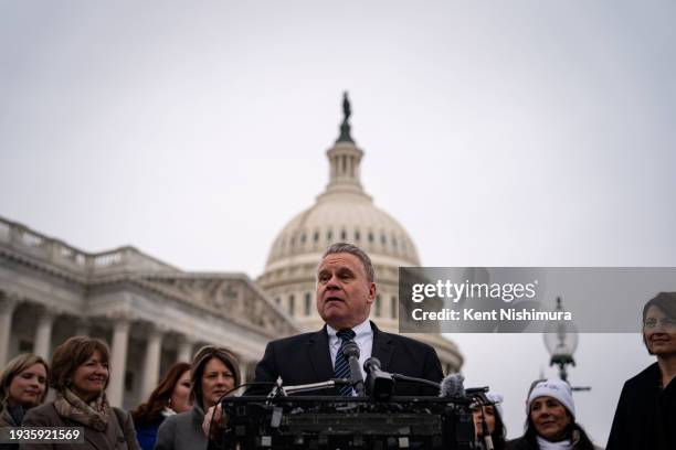Rep. Chris Smith speaks during a news conference with anti-abortion advocates and Pro Life Caucus Members of Congress outside the U.S. Capitol on...