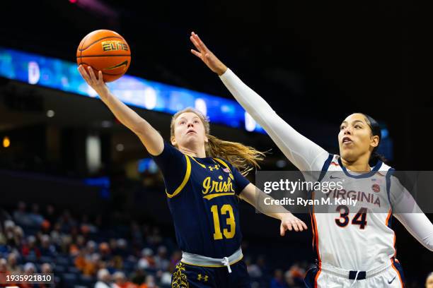 Anna DeWolfe of the Notre Dame Fighting Irish shoots past London Clarkson of the Virginia Cavaliers in the first half during a game at John Paul...