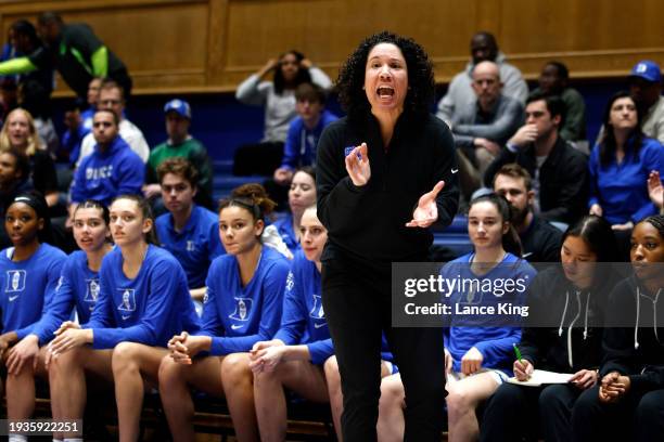 Head coach Kara Lawson of the Duke Blue Devils directs her team during the first half of the game against the Virginia Tech Hokies at Cameron Indoor...