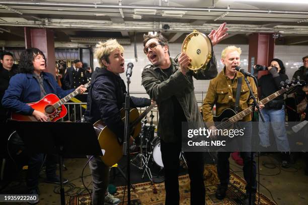 Episode 1905 -- Pictured: Green Day and host Jimmy Fallon during Subway Busking on Thursday, January 18, 2024 --