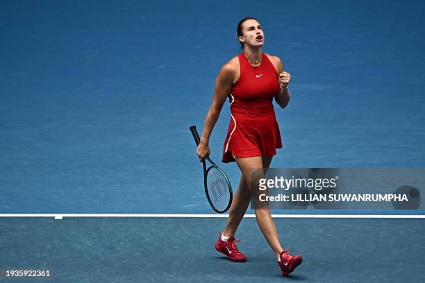 Belarus' Aryna Sabalenka reacts after a point against Ukraine's Lesia Tsurenko during their women's singles match on day six of the Australian Open...