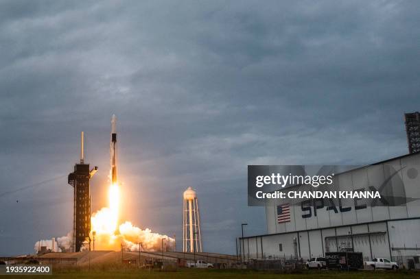 SpaceX Falcon 9 rocket with its Crew Dragon capsule launches from pad LC-39A during Axiom Mission Three at the Kennedy Space Center, in Cape...