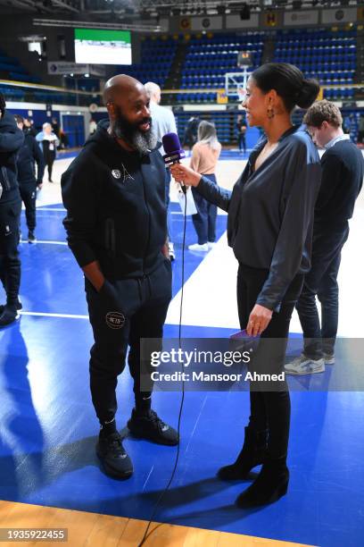 Head Coach Jacque Vaughn of the Brooklyn Nets talks to the media after practice as part of NBA Paris Games 2024 at Palais des Sports Marcel-Cerdan on...