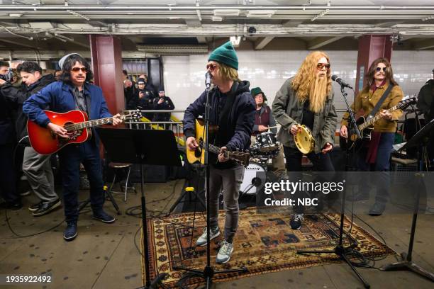 Episode 1905 -- Pictured: Green Day and host Jimmy Fallon during Subway Busking on Thursday, January 18, 2024 --