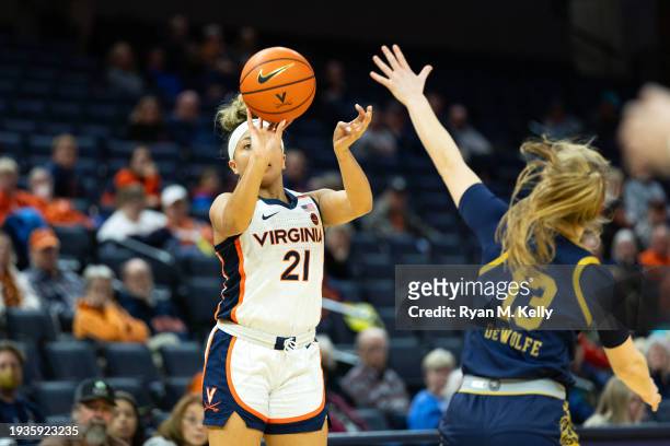 Kymora Johnson of the Virginia Cavaliers shoots over Anna DeWolfe of the Notre Dame Fighting Irish in the second half during a game at John Paul...