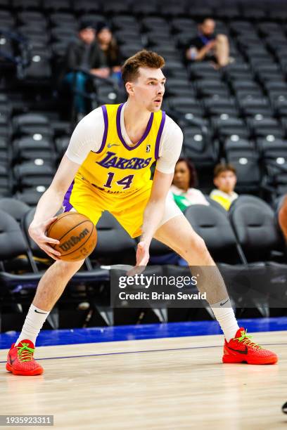 Colin Castleton of the South Bay Lakers handles the ball during the game against the Motor City Cruise on January 18, 2024 in Detroit, Michigan at...