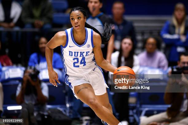 Reigan Richardson of the Duke Blue Devils moves the ball during the second half of the game against the Virginia Tech Hokies at Cameron Indoor...