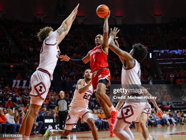 Jahmir Young of the Maryland Terrapins shoots the ball against Coleman Hawkins of the Illinois Fighting Illini at State Farm Center on January 14,...