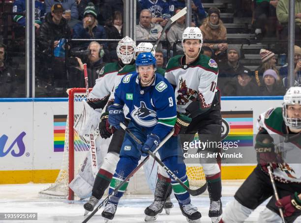 Miller of the Vancouver Canucks and Nick Bjugstad of the Arizona Coyotes battle for the anticipated puck during the second period of their NHL game...