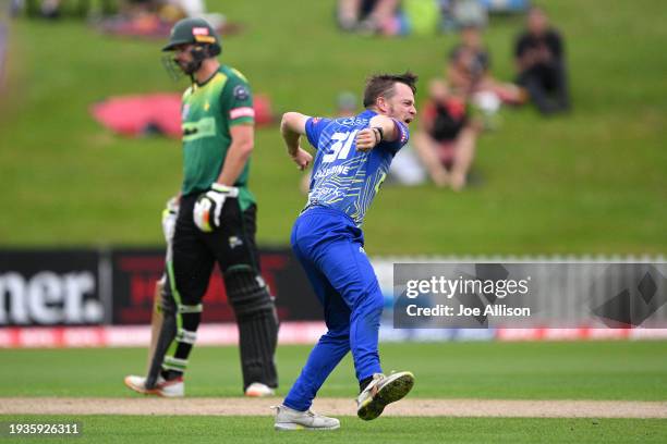 Andrew Hazeldine of the Volts celebrates after dismissing William Clark during T20 Super Smash match between Otago Volts and Central Stags at...