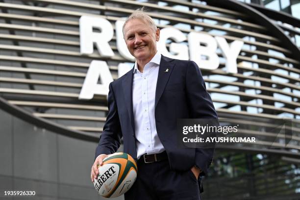 Newly appointed Rugby Australia Head Coach Joe Schmidt poses for pictures in front of the Rugby Australia head office in Sydney on January 19, 2024.