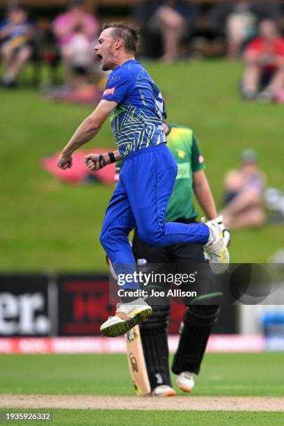 Andrew Hazeldine of the Volts celebrates after dismissing William Clark during T20 Super Smash match between Otago Volts and Central Stags at...