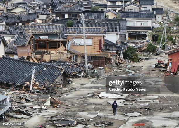 Photo taken from a drone on Jan. 19 shows the devastation in Suzu in central Japan's Ishikawa Prefecture after a powerful earthquake on Jan. 1.