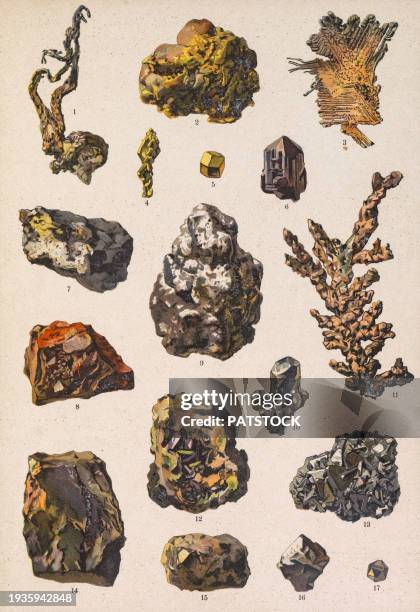 colored board with drawings of different minerals. - kobaltsulfat stock-fotos und bilder