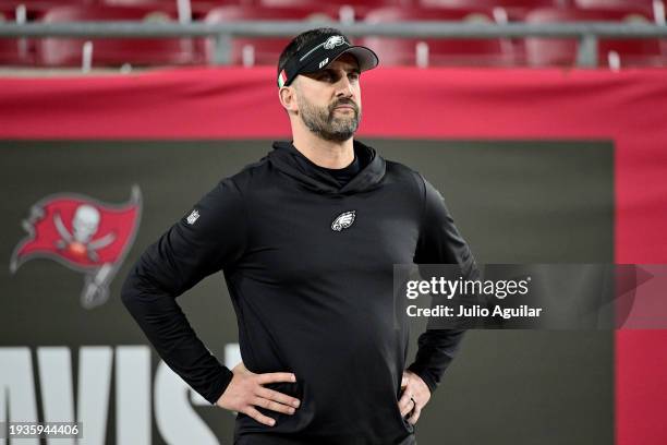 Head coach Nick Sirianni of the Philadelphia Eagles looks on prior to the NFC Wild Card Playoffs against the Tampa Bay Buccaneers at Raymond James...