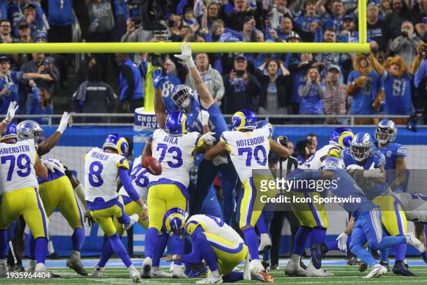Los Angeles Rams place kicker Brett Maher kicks a field goal during an NFL NFC Wild Card playoff football game between the Los Angeles Rams and the...