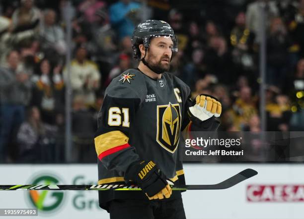 Mark Stone of the Vegas Golden Knights celebrates with teammates after a goal during the second period against the Nashville Predators at T-Mobile...