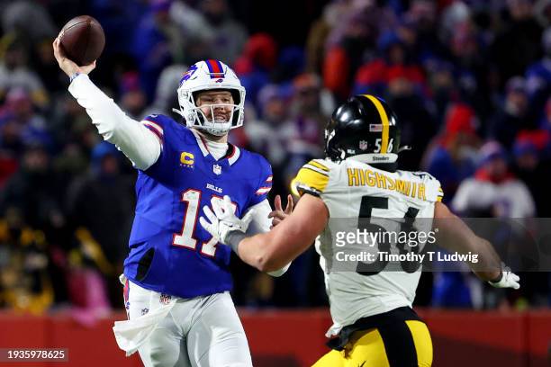 Josh Allen of the Buffalo Bills passes against Alex Highsmith of the Pittsburgh Steelers during the third quarter at Highmark Stadium on January 15,...
