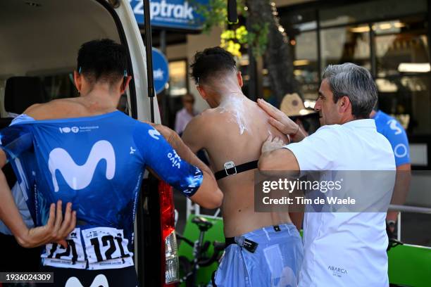 Jon Barrenetxea of Spain and Movistar Team applies sunscreen before the 24th Santos Tour Down Under 2024, Stage 1 a 144km stage from Tanunda to...