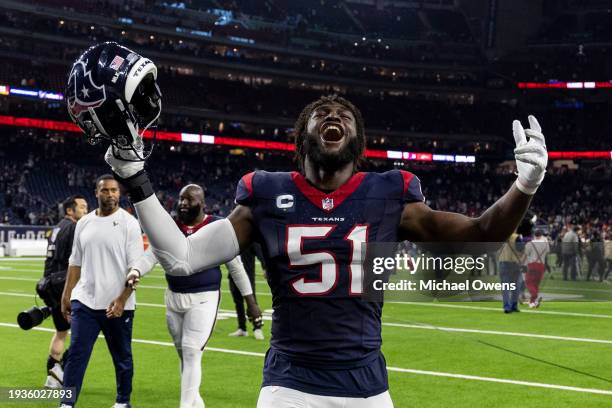 Will Anderson Jr. #51 of the Houston Texans celebrates following an NFL wild-card playoff football game between the Houston Texans and the Cleveland...