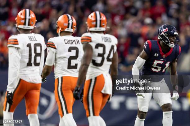 Will Anderson Jr. #51 of the Houston Texans reacts after making a sack during an NFL wild-card playoff football game between the Houston Texans and...