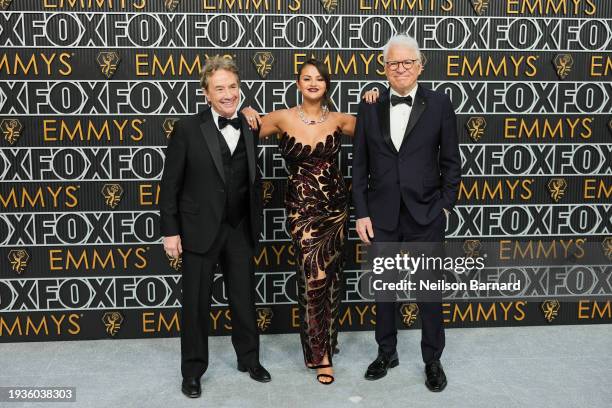 Martin Short, Selena Gomez and Steve Martin attend the 75th Primetime Emmy Awards at Peacock Theater on January 15, 2024 in Los Angeles, California.