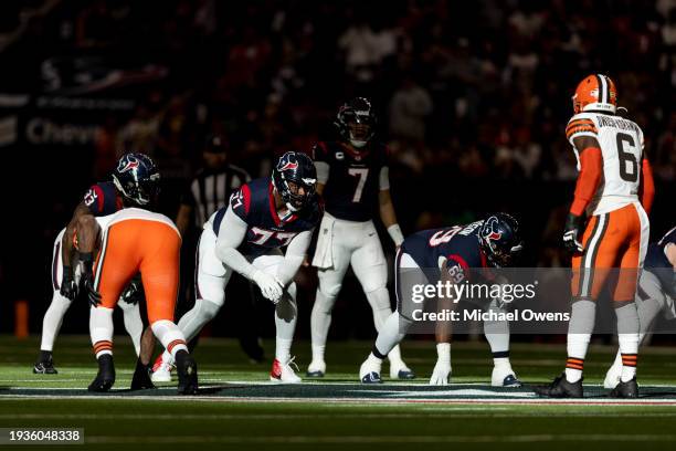 George Fant of the Houston Texans lines up during an NFL wild-card playoff football game between the Houston Texans and the Cleveland Browns at NRG...