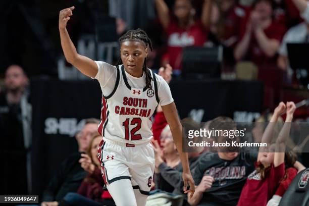 MiLaysia Fulwiley of the South Carolina Gamecocks reacts after making a shot in the first quarter during their game against the Kentucky Wildcats at...