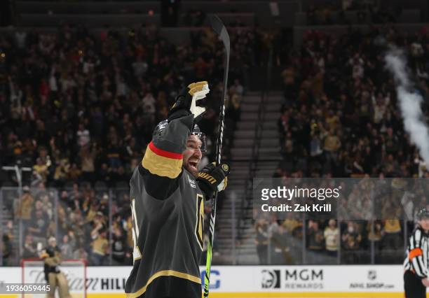 Mark Stone of the Vegas Golden Knights celebrates with teammates after recording a hat trick with his third goal of the game during the second period...