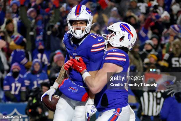 Khalil Shakir of the Buffalo Bills celebrates his touchdown against the Pittsburgh Steelers during the fourth quarter at Highmark Stadium on January...