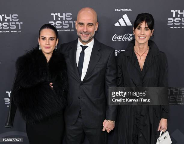 Maria Guardiola, Pep Guardiola and Cristina Serra attend the Best FIFA Football Awards 2023 at The Apollo Theatre on January 15, 2024 in London,...