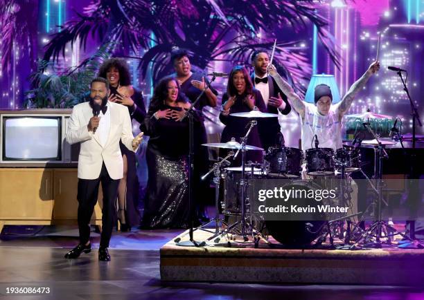 Host Anthony Anderson and Travis Barker perform onstage during the 75th Primetime Emmy Awards at Peacock Theater on January 15, 2024 in Los Angeles,...