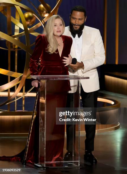 Christina Applegate and host Anthony Anderson speak onstage during the 75th Primetime Emmy Awards at Peacock Theater on January 15, 2024 in Los...