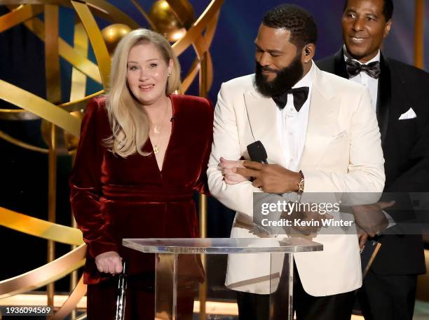 Christina Applegate and host Anthony Anderson speak onstage during the 75th Primetime Emmy Awards at Peacock Theater on January 15, 2024 in Los...