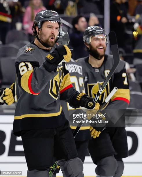 Mark Stone of the Vegas Golden Knights celebrates the first of two second-period goals against the Nashville Predators during their game at T-Mobile...