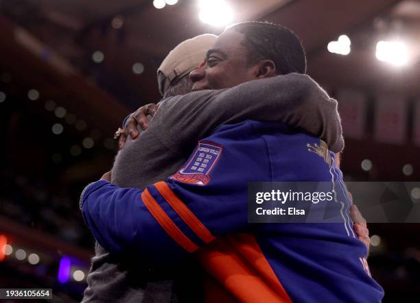 Tracy Morgan and Jerry Seinfeld hug at the game between the New York Knicks and the Orlando Magic at Madison Square Garden on January 15, 2024 in New...