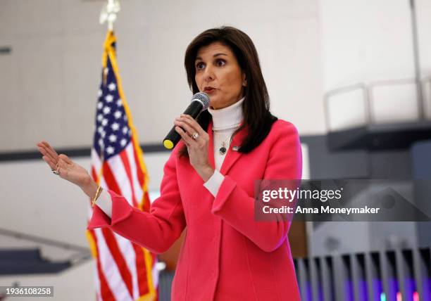 Republican presidential candidate former U.N. Ambassador Nikki Haley visits a caucus site at Franklin Junior High on January 15, 2024 in Des Moines,...